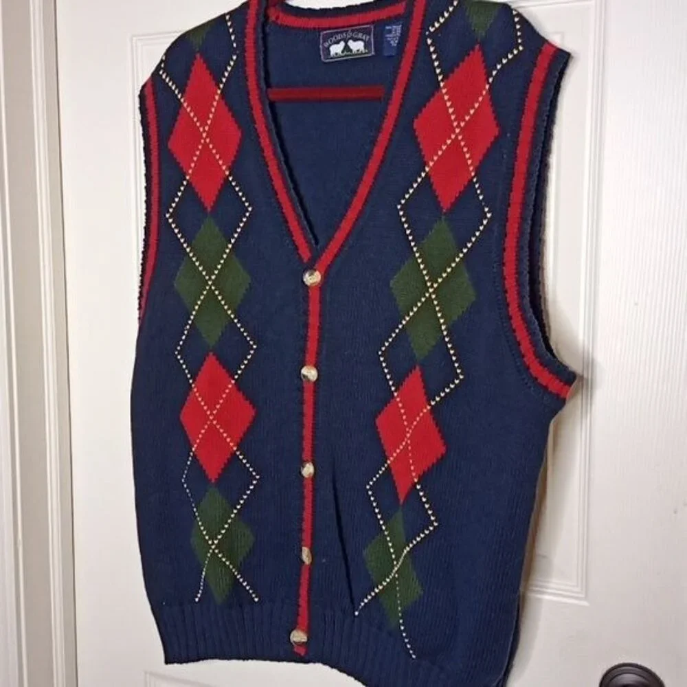 Vintage Woods & Gray Button-Down Argyle Sweater Vest Navy Green. XL 100%…